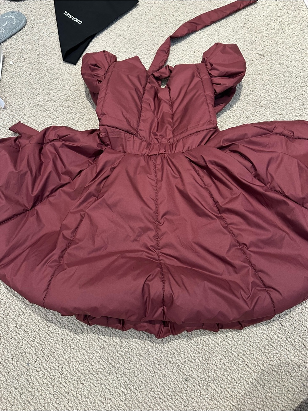 Omami Mini Girls' Burgundy Padded Party Dress with Puff Sleeves